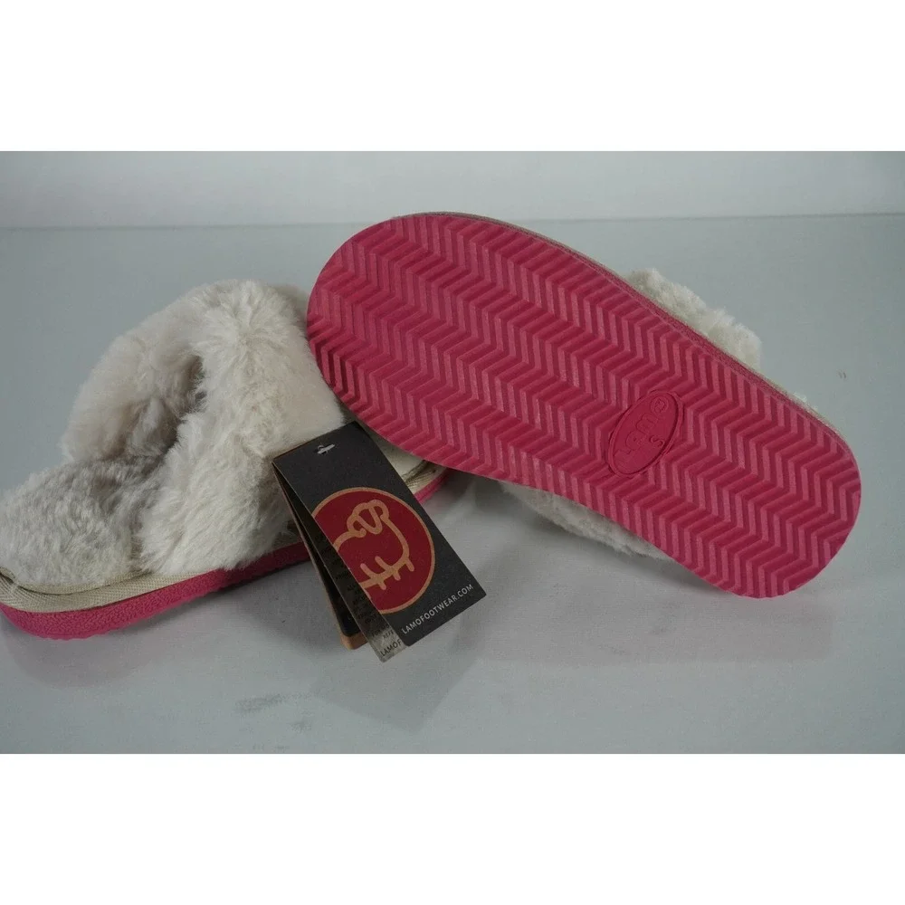 Girls LAMO Cozy Slippers Light Grey with Pink Soles Size Small 12C Warm Faux Fur
